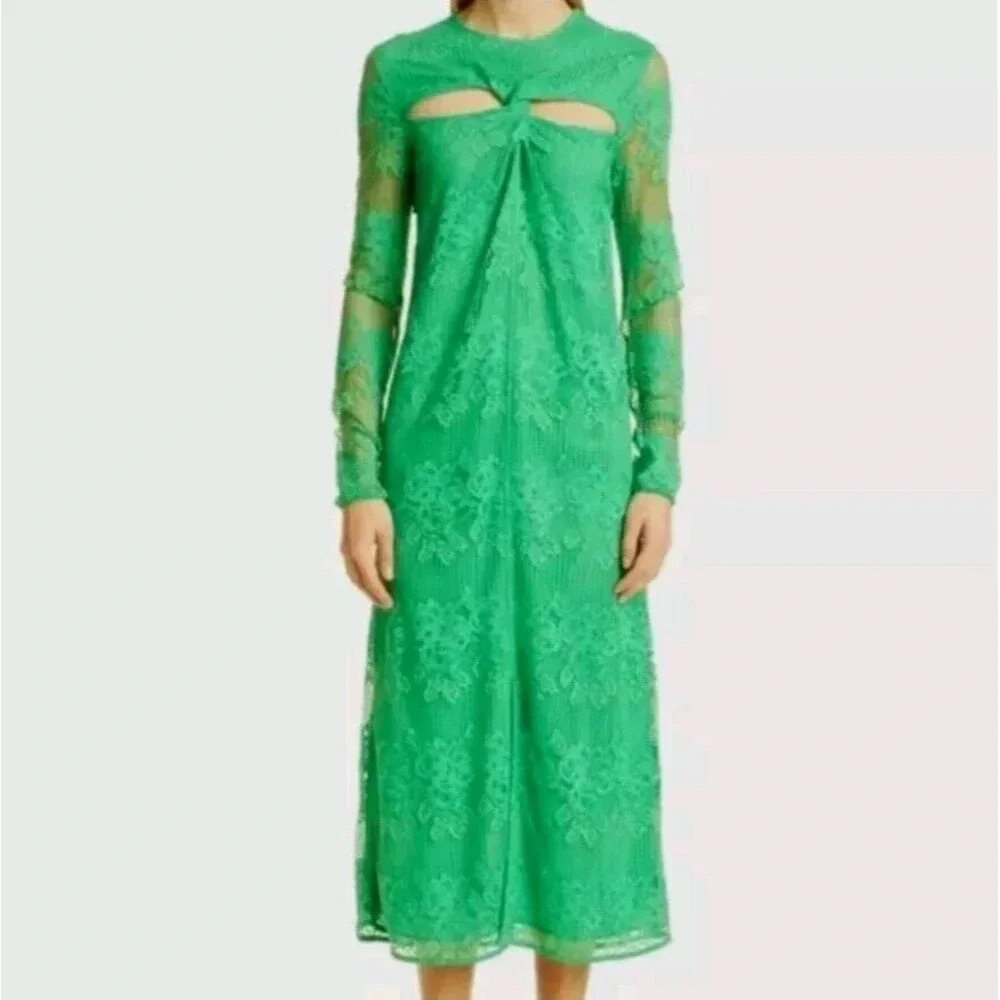 Ganni Lace Cutout Green Midi Dress Floral & Geometric Size 36 or Small